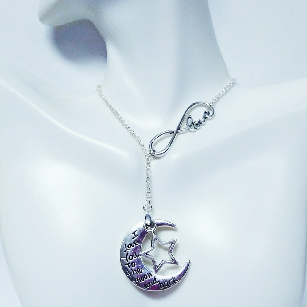Silver Toned Love Moon Stars Infinity Necklace - Picture 3 of 5